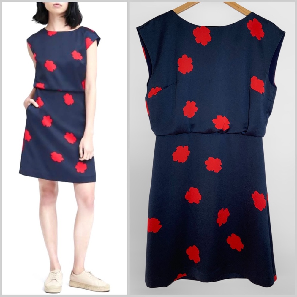 Banana Republic Poppy Floral Back Drape Dress Navy Blue Size 6